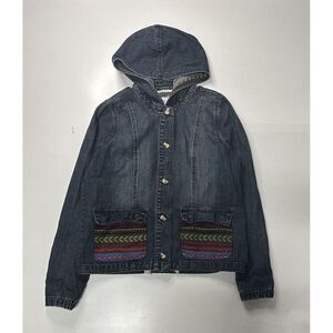 Element Womens Size Medium Button Up Boho Denim Jacket With Hood Aztec Print Y2K